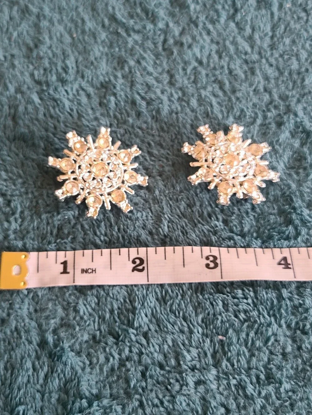 Pair Of Vintage Silver-Tone Brooches with Crystal Snowflake Design